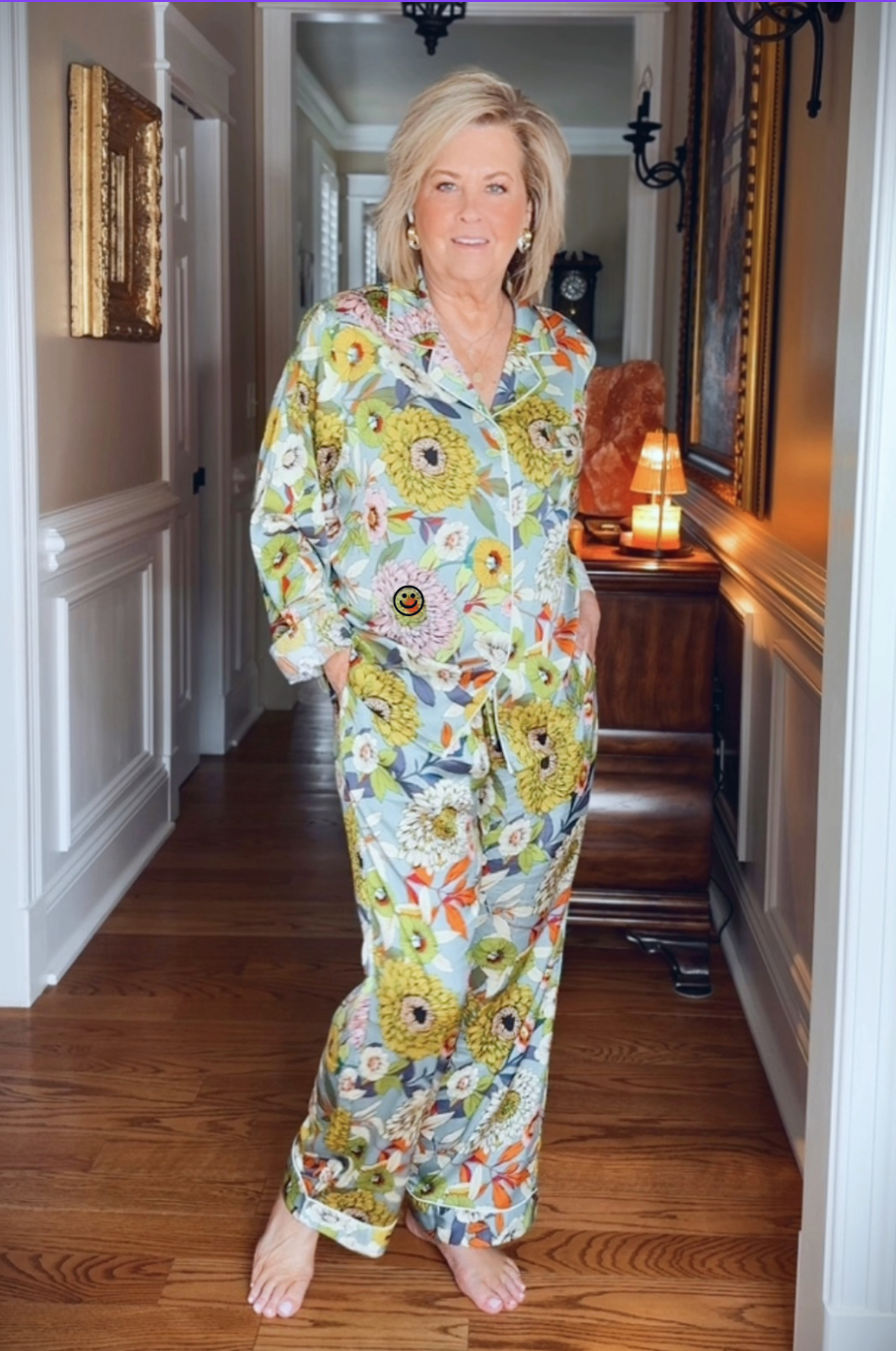 Tania Stephens wearing a beautiful printed silky long sleeve pajama set from Amazon